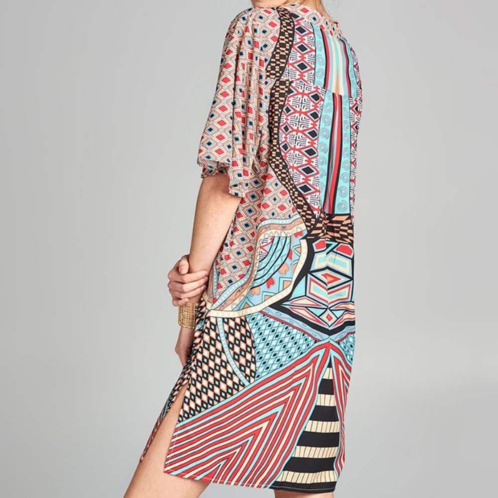 Pink & Teal Geometric Shortsleeve Shift Dress - Picture 2 of 3